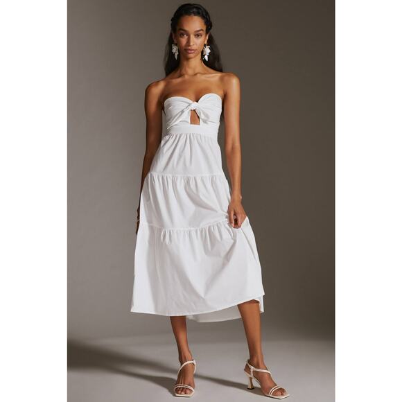New Anthropologie Strapless Tie-Front Midi Dress $160 MEDIUM White Cutout Tiered - Picture 1 of 7